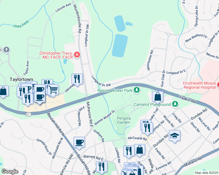 map of restaurants, bars, coffee shops, grocery stores, and more near 2275 Longleaf Drive Southwest in Pinehurst