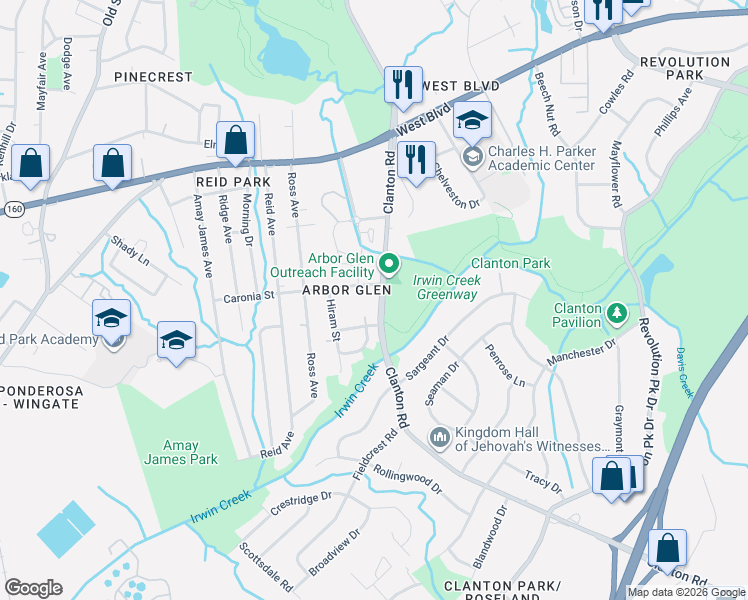 map of restaurants, bars, coffee shops, grocery stores, and more near 1425 Clanton Road in Charlotte