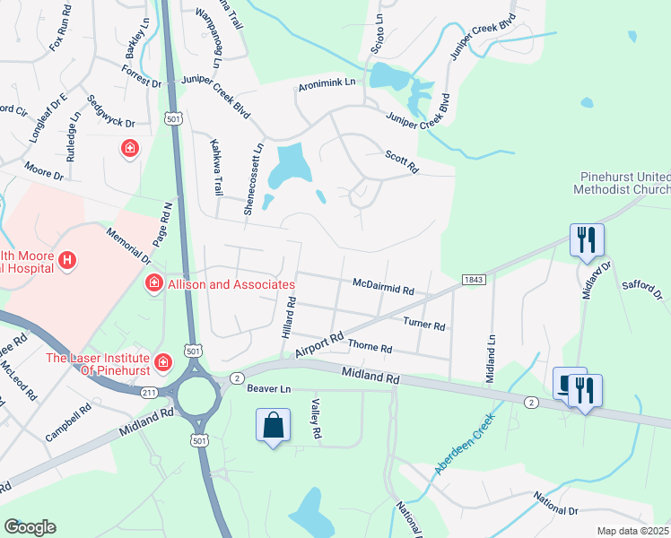 map of restaurants, bars, coffee shops, grocery stores, and more near 244 McDairmid Road in Pinehurst