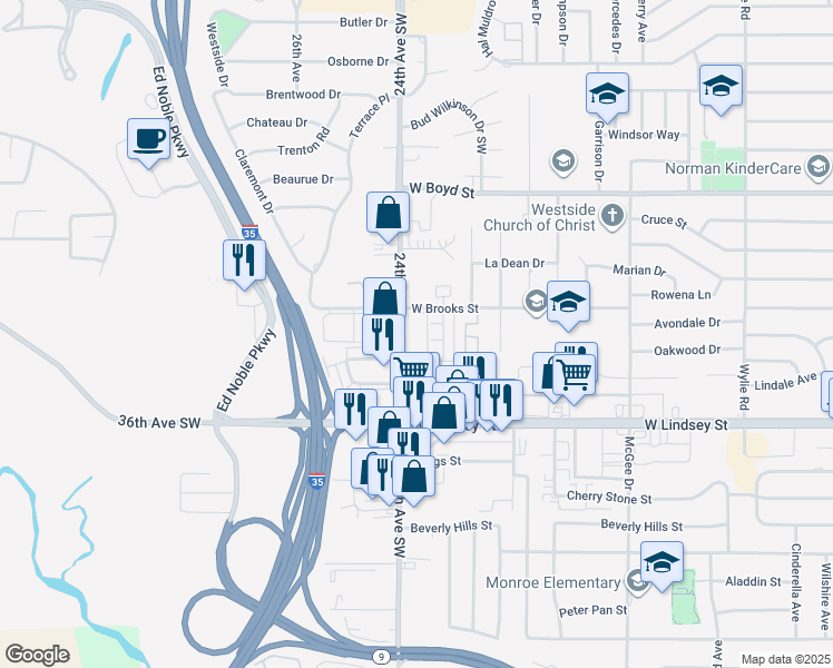 map of restaurants, bars, coffee shops, grocery stores, and more near 917 24th Avenue Southwest in Norman