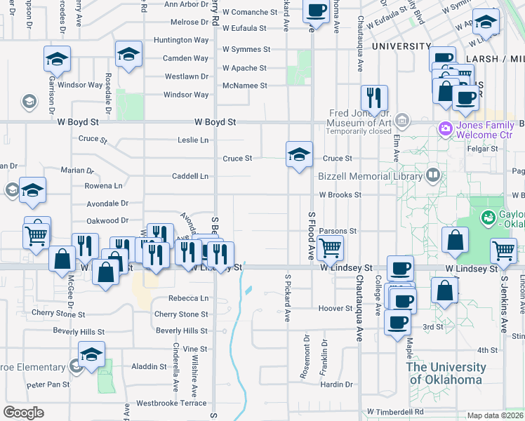 map of restaurants, bars, coffee shops, grocery stores, and more near 1106 McFarland Street in Norman