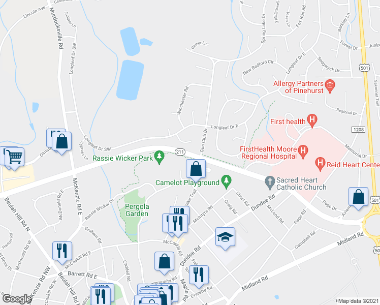 map of restaurants, bars, coffee shops, grocery stores, and more near Yadkin Road in Pinehurst