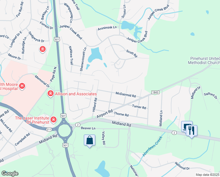map of restaurants, bars, coffee shops, grocery stores, and more near 244 McDairmid Road in Pinehurst