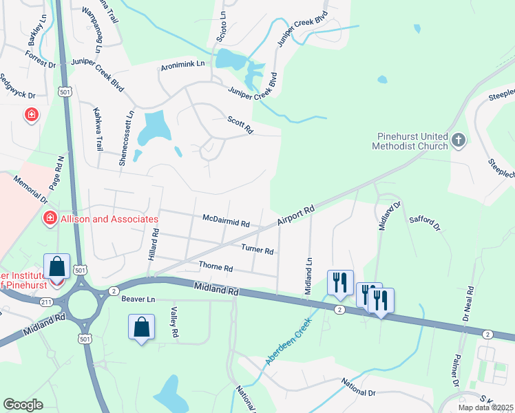 map of restaurants, bars, coffee shops, grocery stores, and more near 108 Woodburn Road in Pinehurst