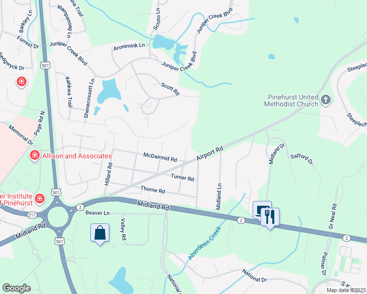 map of restaurants, bars, coffee shops, grocery stores, and more near 108 Woodburn Road in Pinehurst