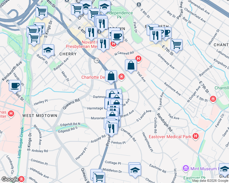 map of restaurants, bars, coffee shops, grocery stores, and more near in Charlotte