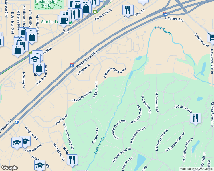 map of restaurants, bars, coffee shops, grocery stores, and more near 4116 East Woodridge Lane in Flagstaff