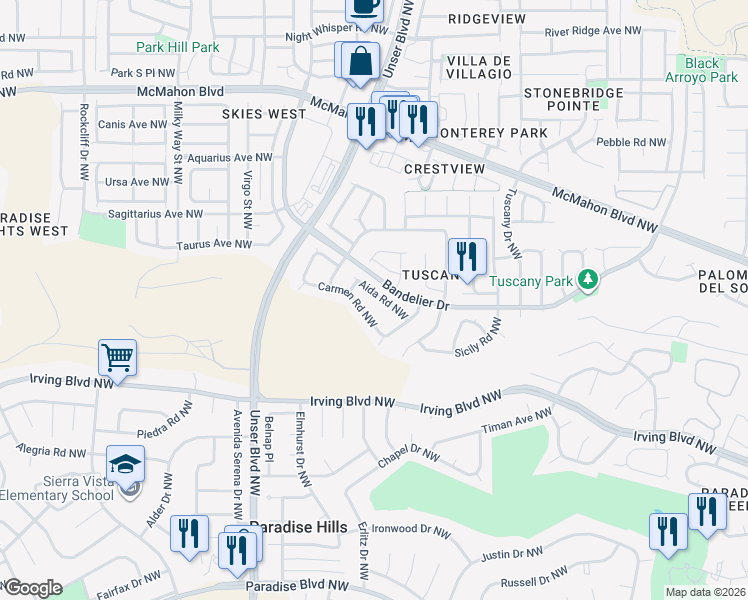 map of restaurants, bars, coffee shops, grocery stores, and more near 5716 Aida Road Northwest in Albuquerque