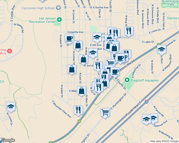 map of restaurants, bars, coffee shops, grocery stores, and more near 1901 North Main Street in Flagstaff