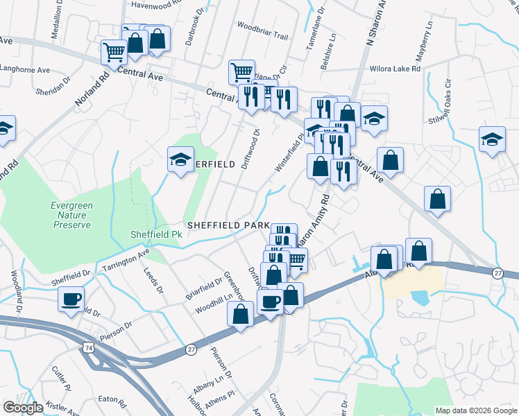 map of restaurants, bars, coffee shops, grocery stores, and more near 3416 Teal Point Drive in Charlotte
