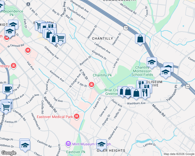 map of restaurants, bars, coffee shops, grocery stores, and more near in Charlotte