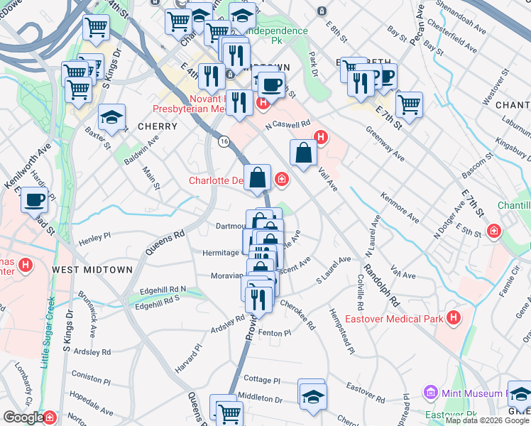 map of restaurants, bars, coffee shops, grocery stores, and more near in Charlotte