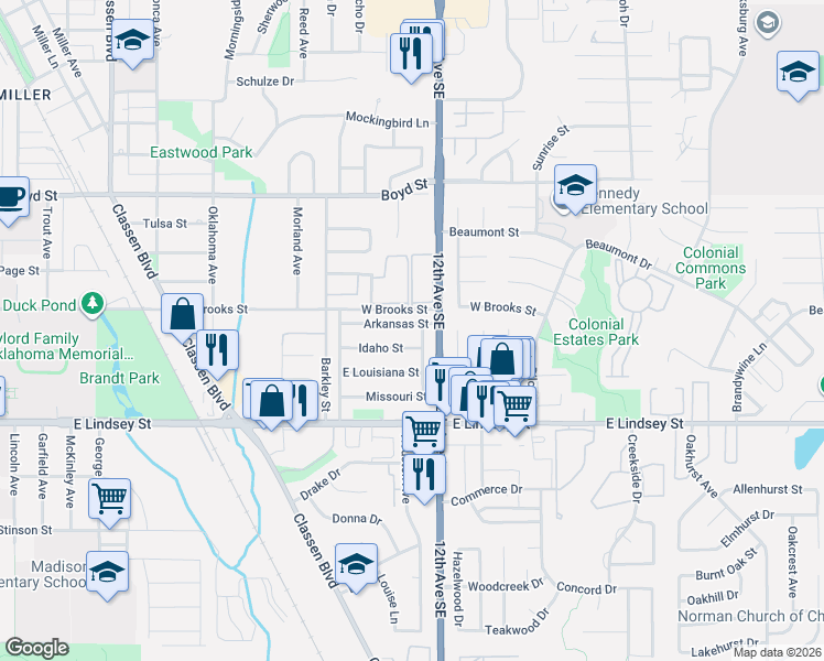 map of restaurants, bars, coffee shops, grocery stores, and more near 1113 Idaho Street in Norman