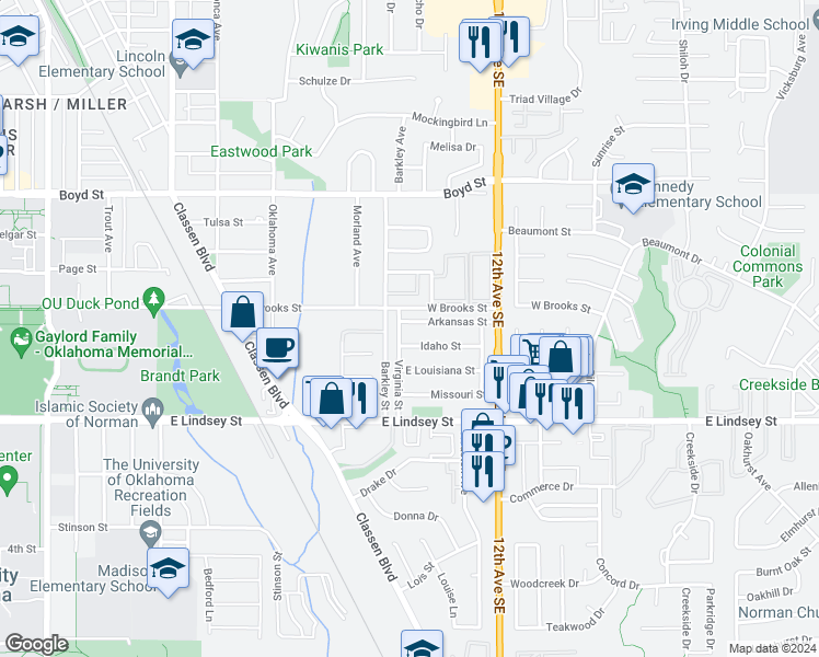 map of restaurants, bars, coffee shops, grocery stores, and more near 1006 Arkansas Street in Norman