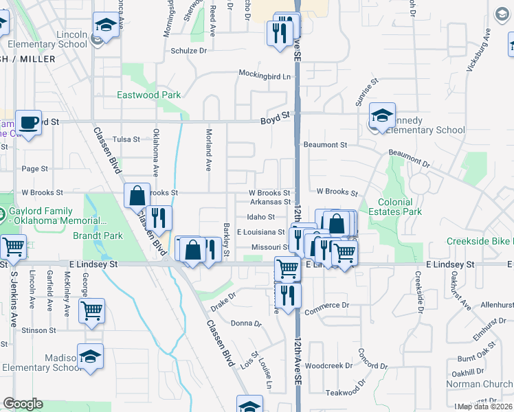 map of restaurants, bars, coffee shops, grocery stores, and more near 1017 Idaho Street in Norman