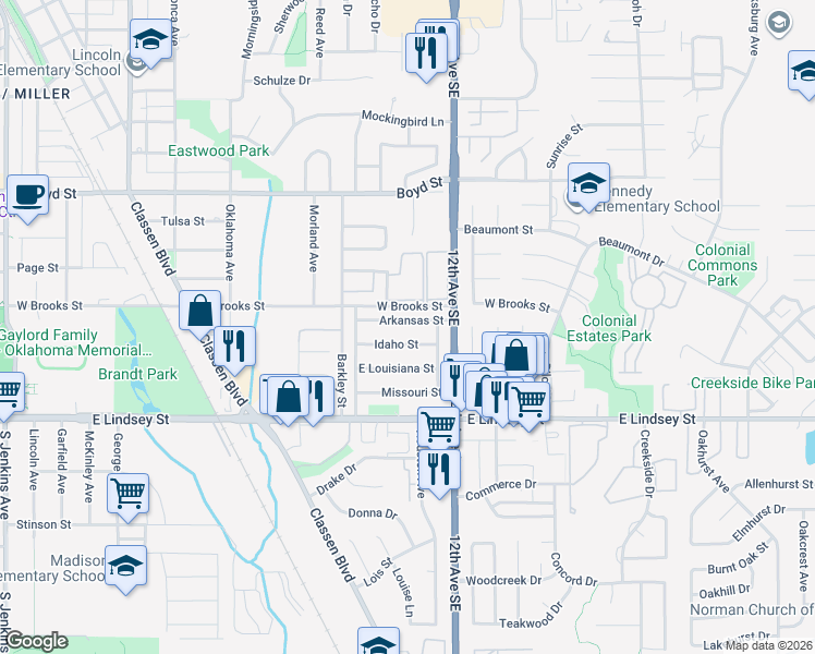 map of restaurants, bars, coffee shops, grocery stores, and more near 1113 Idaho Street in Norman