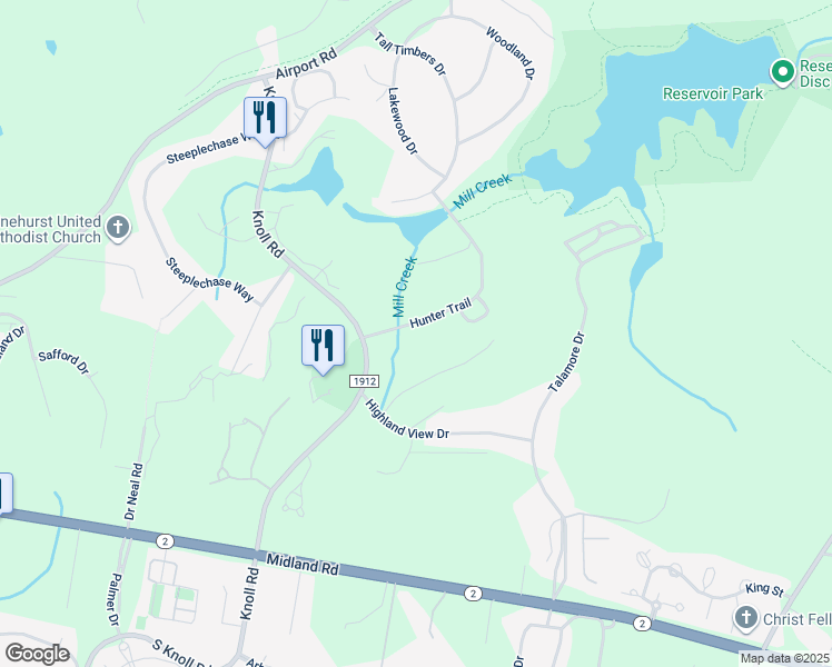 map of restaurants, bars, coffee shops, grocery stores, and more near 201 Hunter Trail in Southern Pines