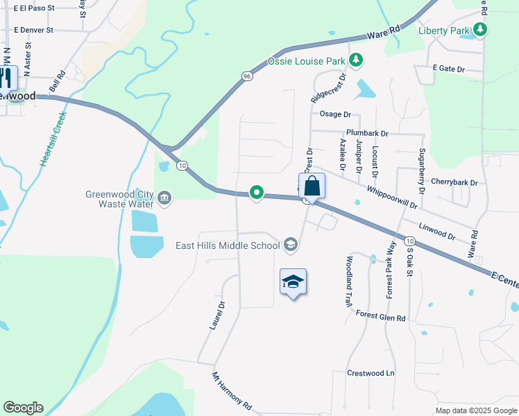 map of restaurants, bars, coffee shops, grocery stores, and more near 1201 Arkansas 10 in Greenwood