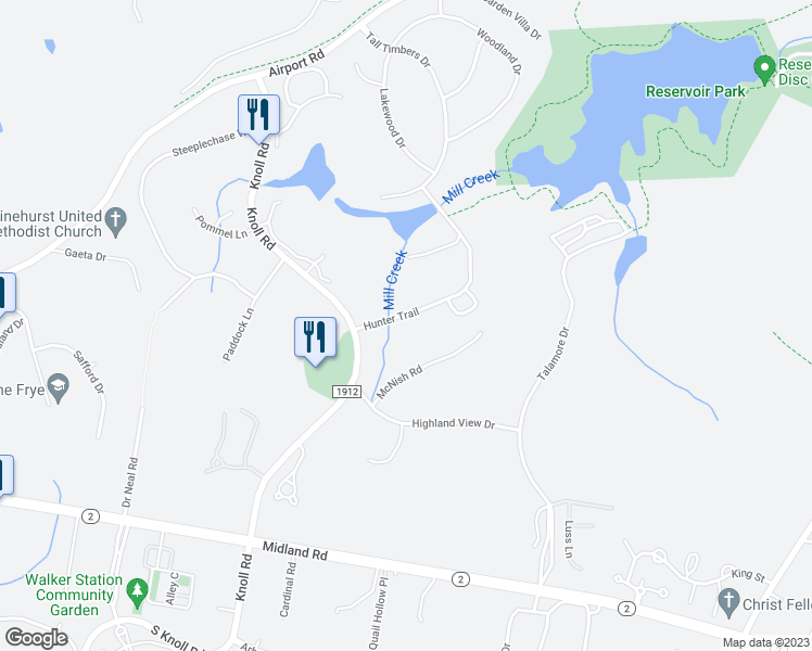 map of restaurants, bars, coffee shops, grocery stores, and more near 201 Hunter Trail in Southern Pines