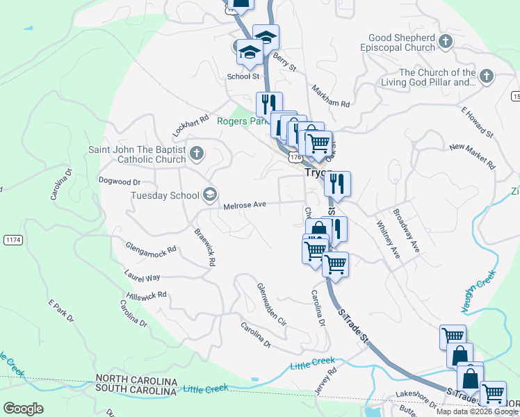 map of restaurants, bars, coffee shops, grocery stores, and more near 161 Melrose Avenue in Tryon