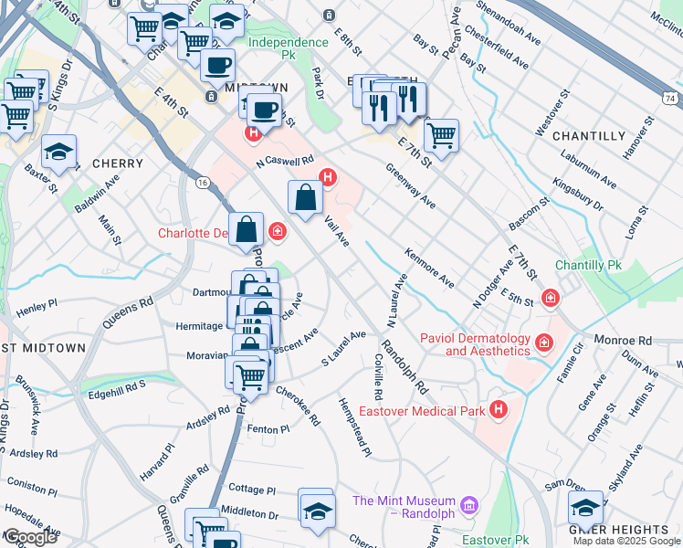 map of restaurants, bars, coffee shops, grocery stores, and more near 125 Durham Drive in Charlotte
