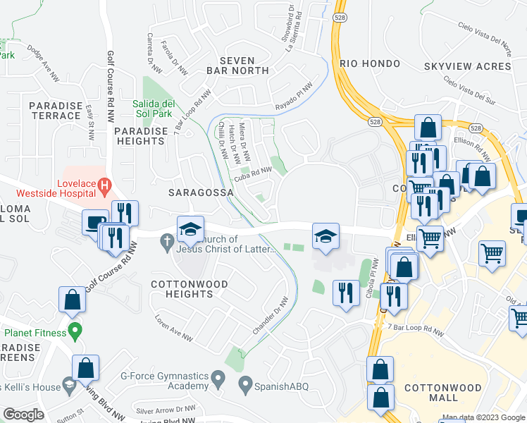 map of restaurants, bars, coffee shops, grocery stores, and more near 10509 Blanco Drive Northwest in Albuquerque
