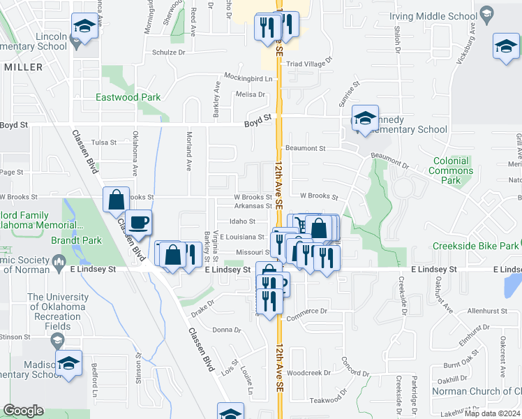 map of restaurants, bars, coffee shops, grocery stores, and more near 1120 Arkansas Street in Norman