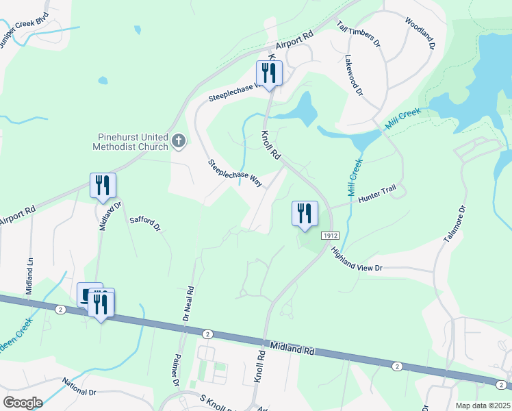 map of restaurants, bars, coffee shops, grocery stores, and more near 90 Paddock Lane in Southern Pines