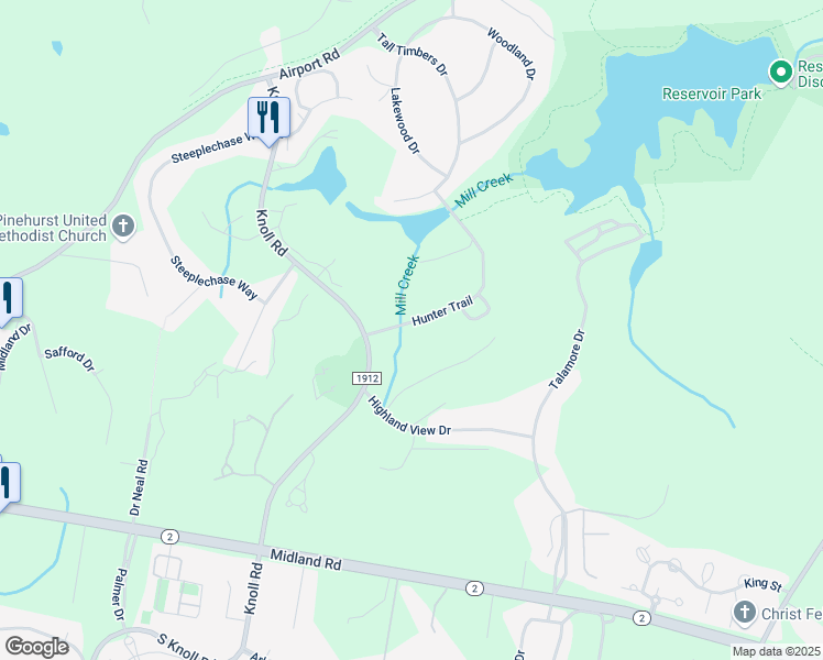 map of restaurants, bars, coffee shops, grocery stores, and more near 205 Hunter Trail in Southern Pines
