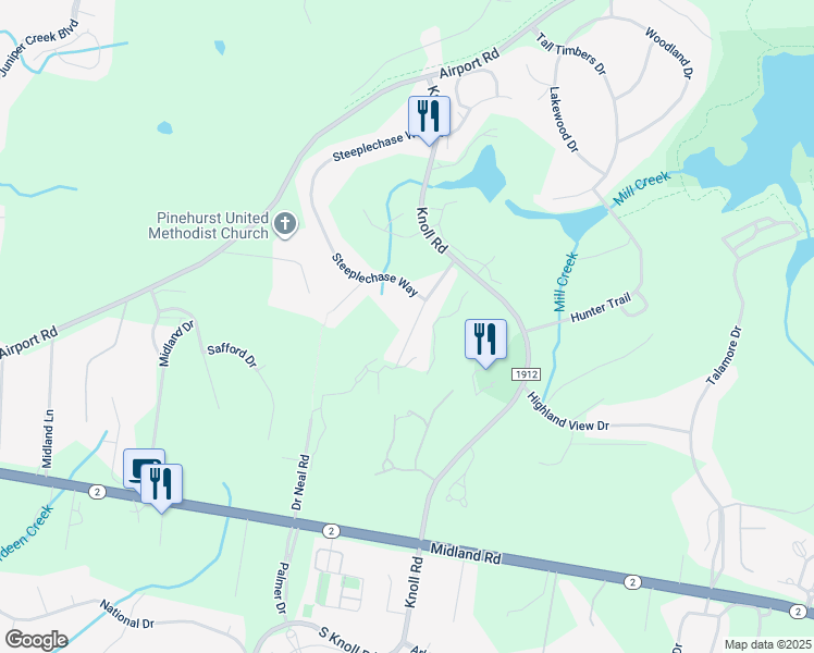 map of restaurants, bars, coffee shops, grocery stores, and more near 90 Paddock Lane in Southern Pines