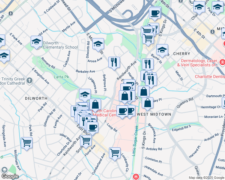 map of restaurants, bars, coffee shops, grocery stores, and more near 1206 Kenilworth Avenue in Charlotte