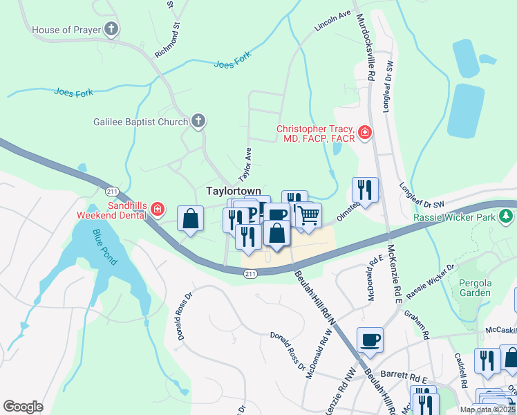 map of restaurants, bars, coffee shops, grocery stores, and more near 156 Burch Drive in Taylortown