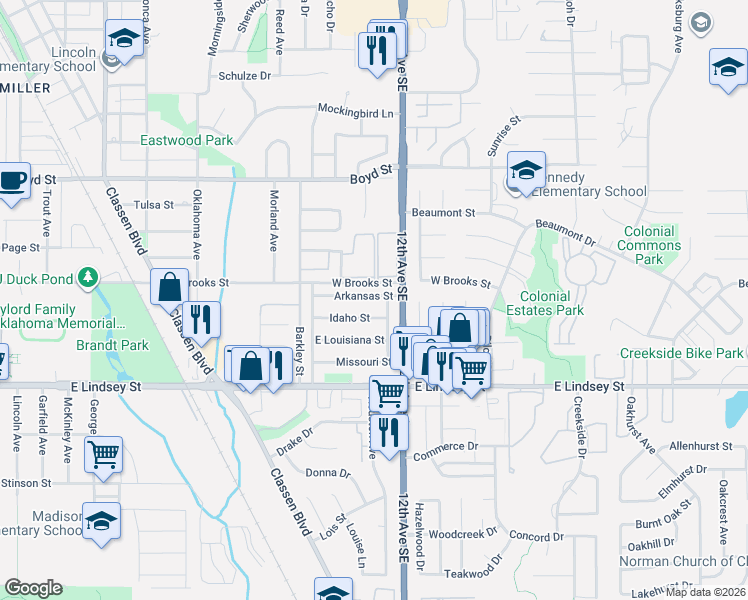 map of restaurants, bars, coffee shops, grocery stores, and more near 1113 Idaho Street in Norman