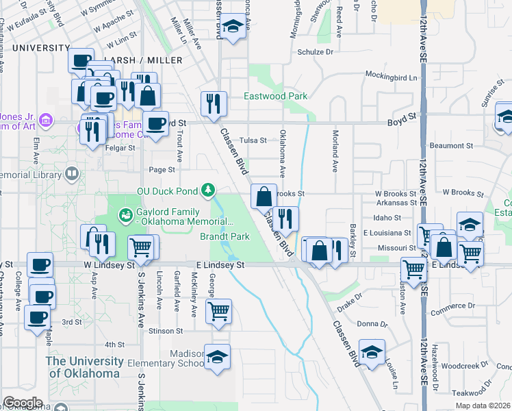 map of restaurants, bars, coffee shops, grocery stores, and more near 1714 Classen Boulevard in Norman