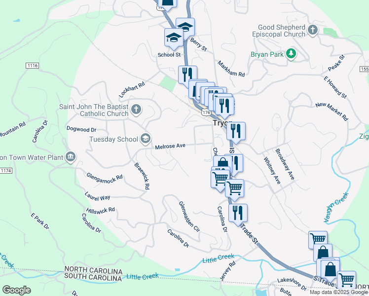 map of restaurants, bars, coffee shops, grocery stores, and more near 135 Melrose Avenue in Tryon