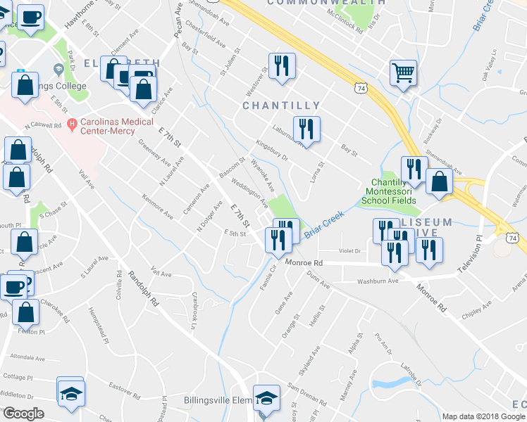 map of restaurants, bars, coffee shops, grocery stores, and more near 2656 Weddington Avenue in Charlotte