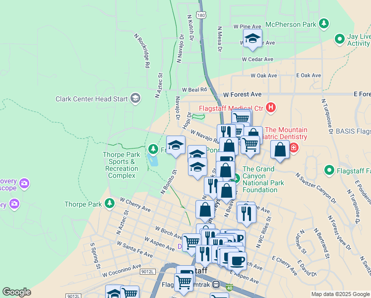 map of restaurants, bars, coffee shops, grocery stores, and more near 850 North Bonito Street in Flagstaff
