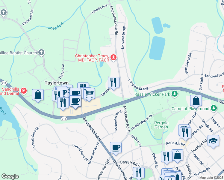 map of restaurants, bars, coffee shops, grocery stores, and more near 250 Olmsted Boulevard in Pinehurst