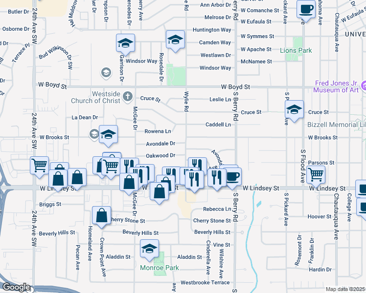 map of restaurants, bars, coffee shops, grocery stores, and more near 1509 Oakwood Drive in Norman