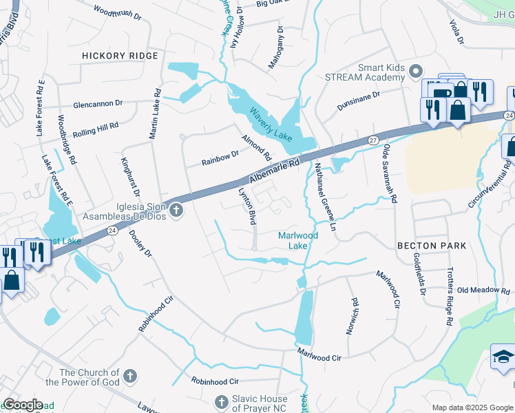 map of restaurants, bars, coffee shops, grocery stores, and more near 6202 Lynton Boulevard in Charlotte