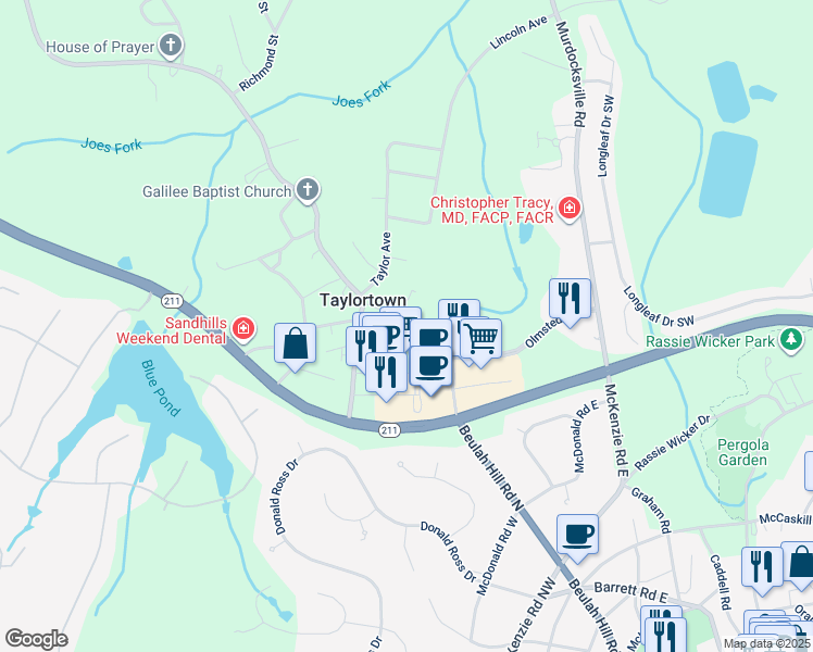 map of restaurants, bars, coffee shops, grocery stores, and more near 156 Burch Drive in Taylortown