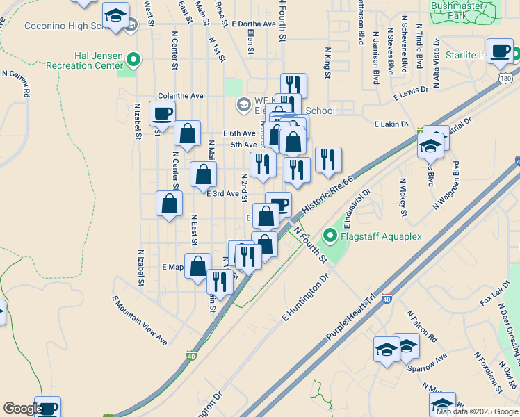 map of restaurants, bars, coffee shops, grocery stores, and more near 2332 East Spruce Avenue in Flagstaff