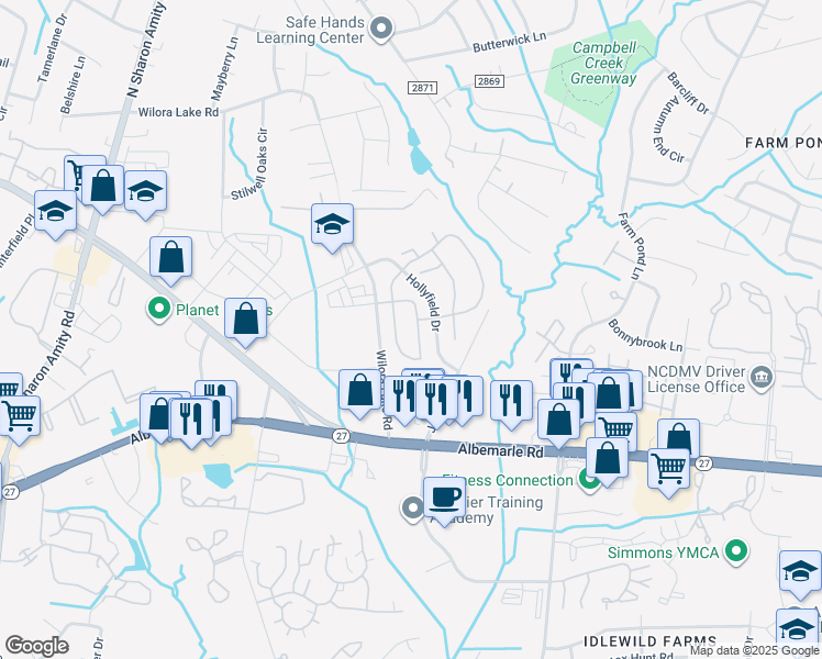 map of restaurants, bars, coffee shops, grocery stores, and more near 6311 Tiara Lane in Charlotte