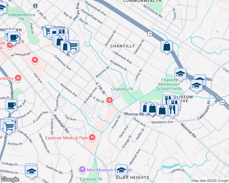map of restaurants, bars, coffee shops, grocery stores, and more near in Charlotte