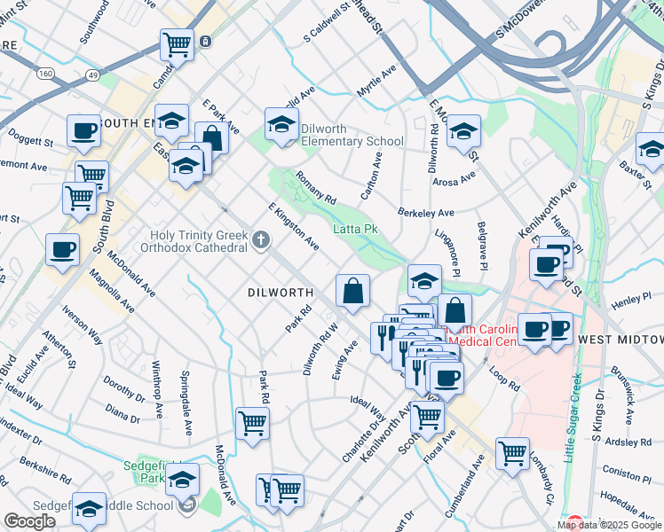 map of restaurants, bars, coffee shops, grocery stores, and more near 1709 Park Road in Charlotte