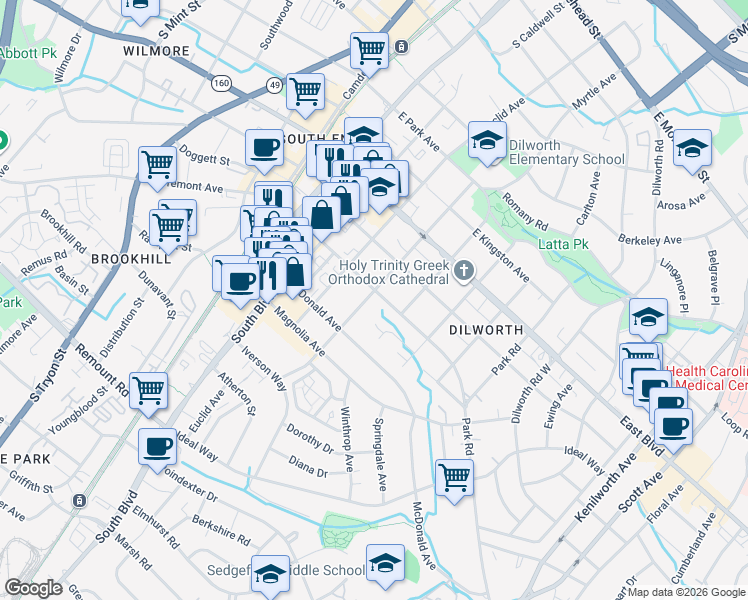 map of restaurants, bars, coffee shops, grocery stores, and more near 516 East Tremont Avenue in Charlotte