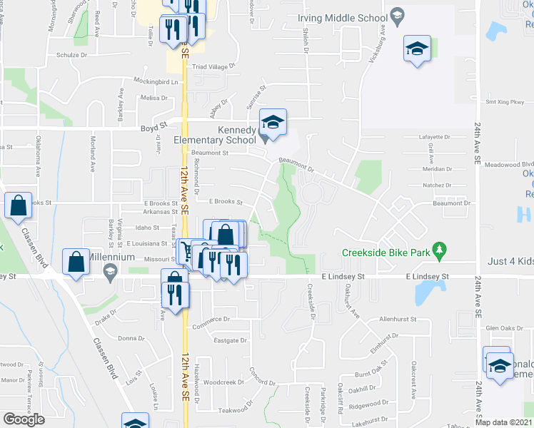 map of restaurants, bars, coffee shops, grocery stores, and more near 943 Biloxi Drive in Norman