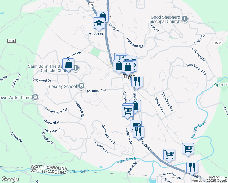 map of restaurants, bars, coffee shops, grocery stores, and more near 75 Melrose Avenue in Tryon