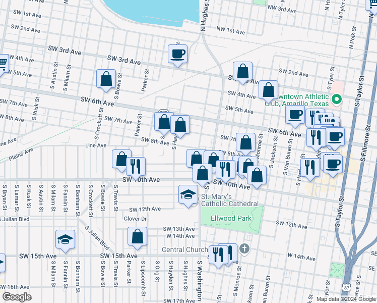 map of restaurants, bars, coffee shops, grocery stores, and more near 1015 West 8th Avenue in Amarillo