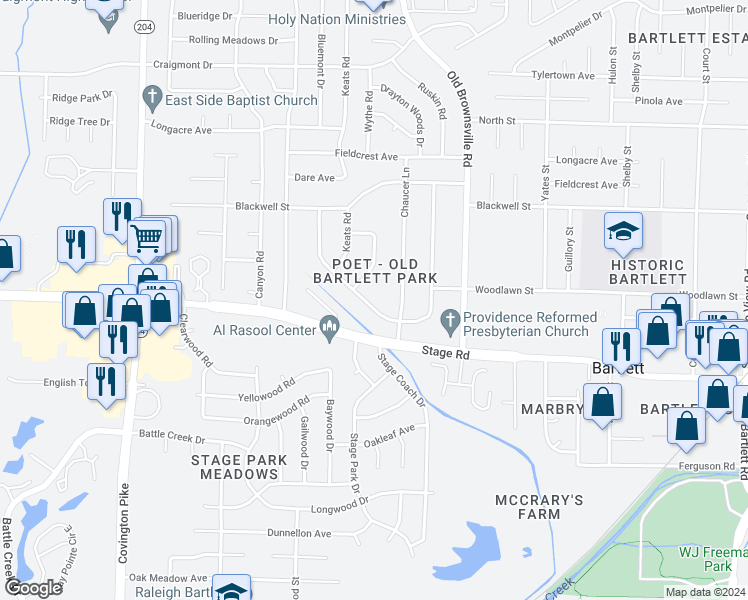 map of restaurants, bars, coffee shops, grocery stores, and more near 5356 Virgil Road in Bartlett